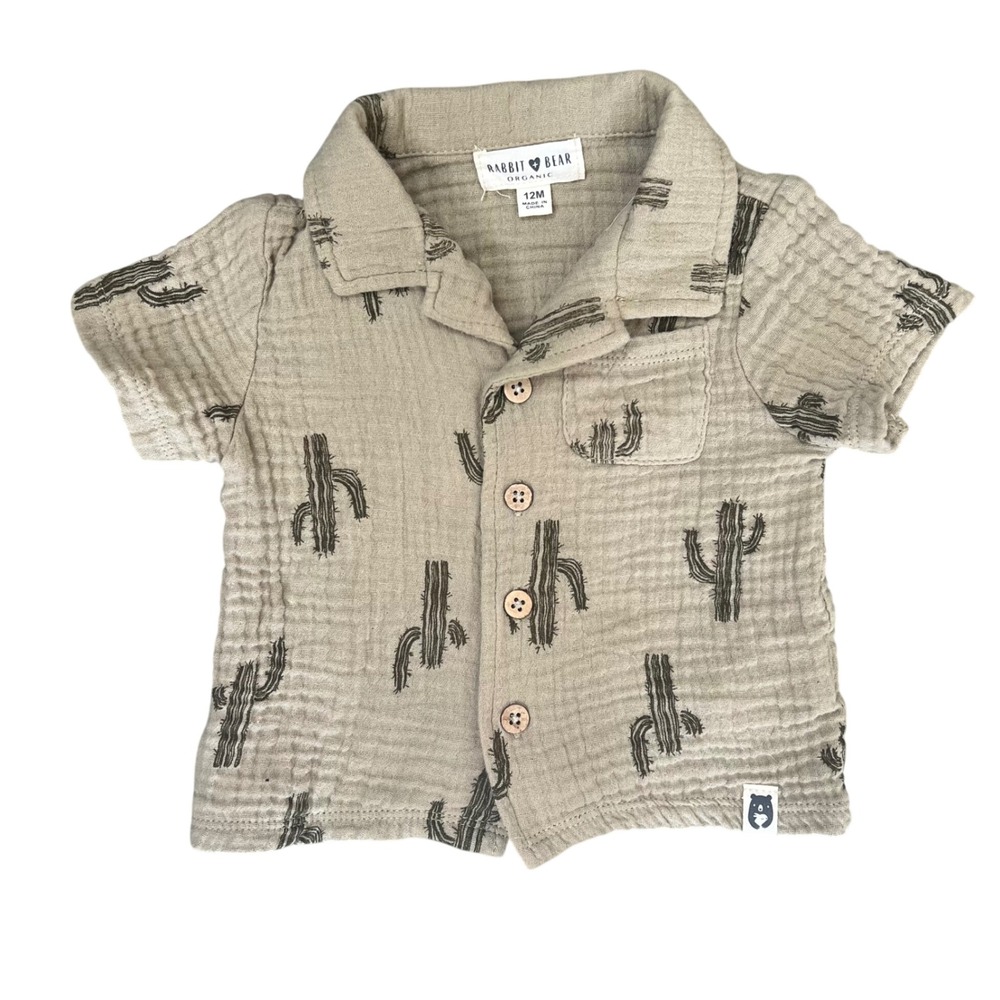Rabbit Bear Organic Cactus Embroidered Gauze Button Down Shirt Tan 12M NWT